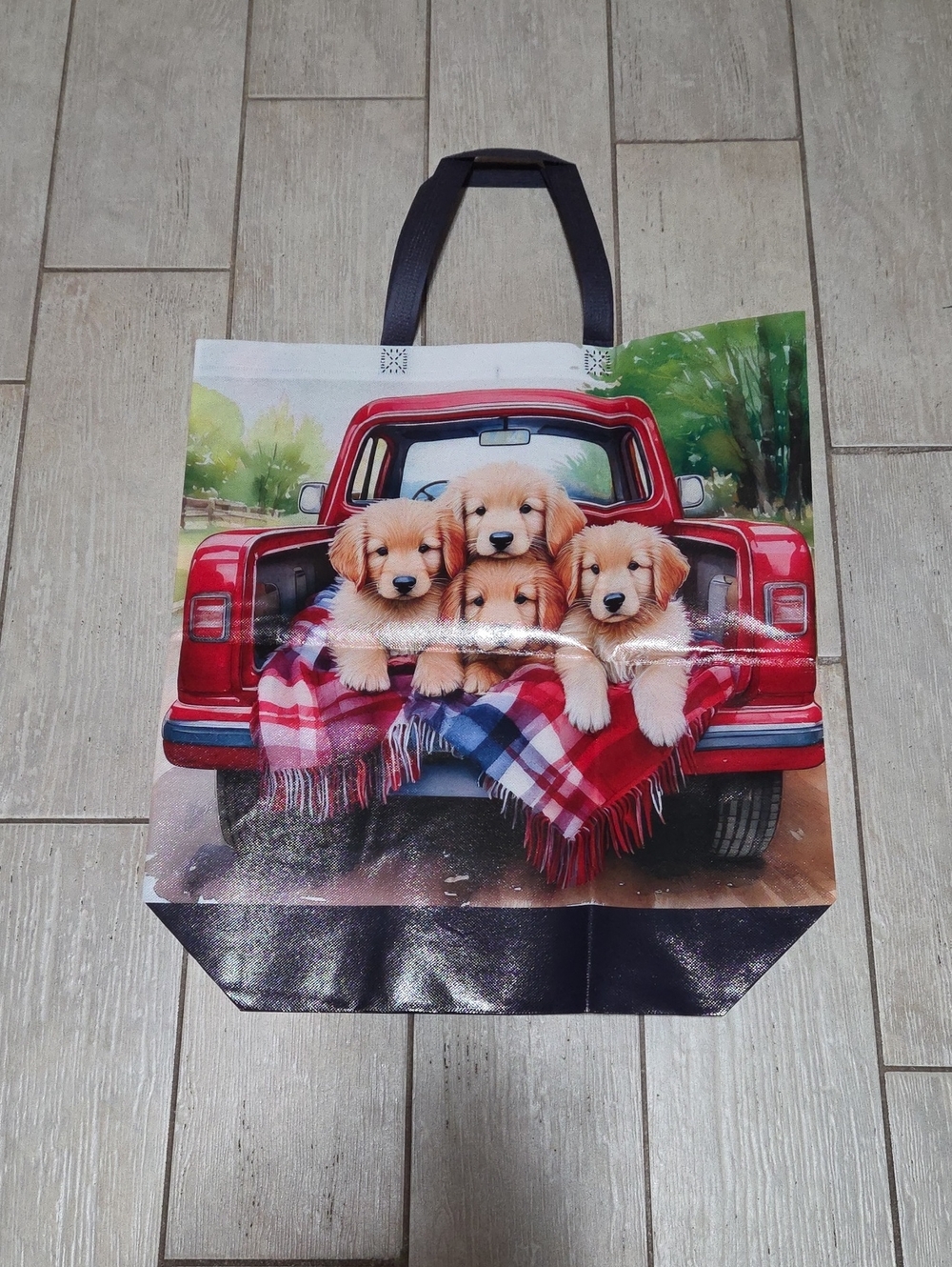 Tote Bag with Golden Retriever Puppies in a Pickup Truck